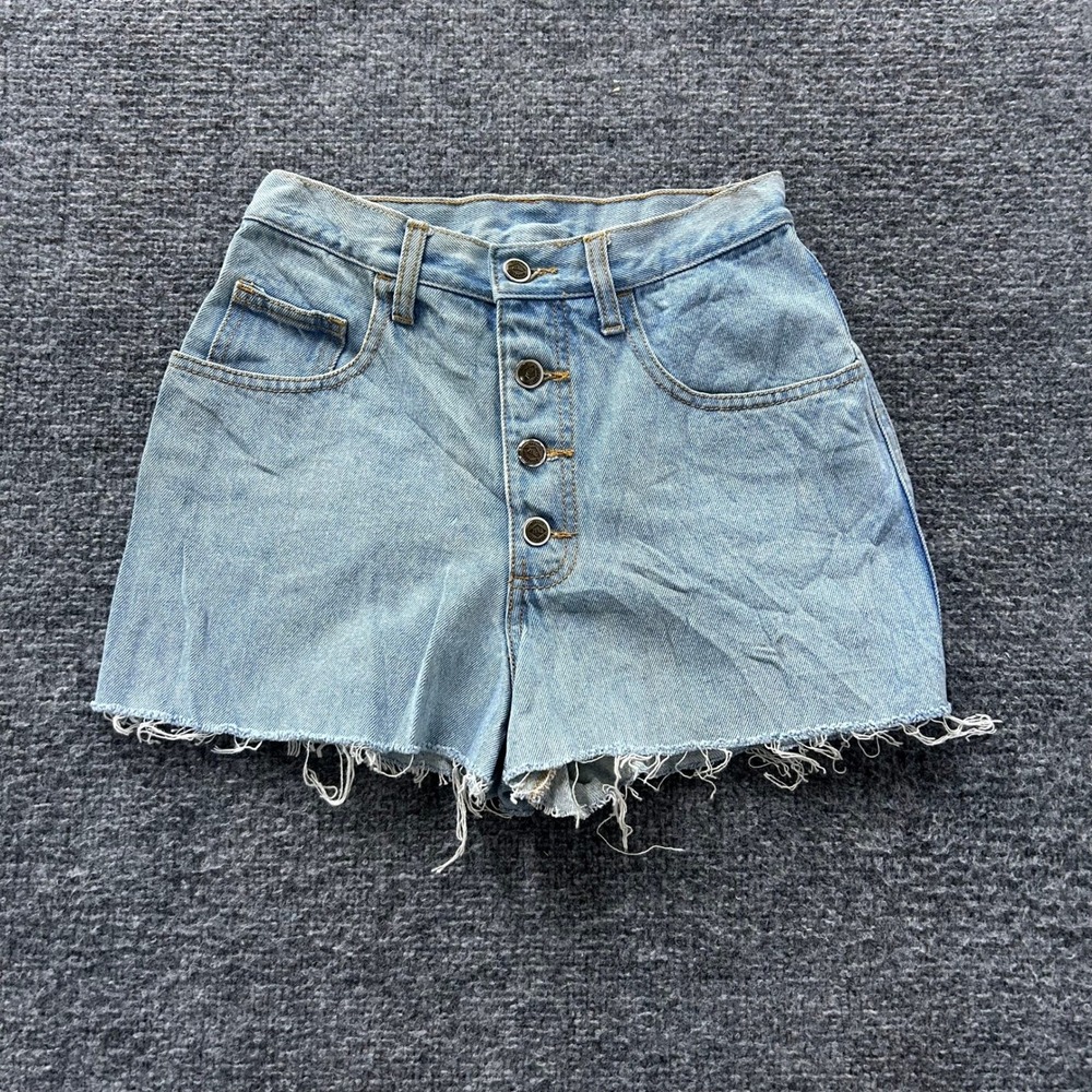 Zena Shorts Womens Size 7 Blue Denim High Waisted Button Fly Raw Hem Light Wash